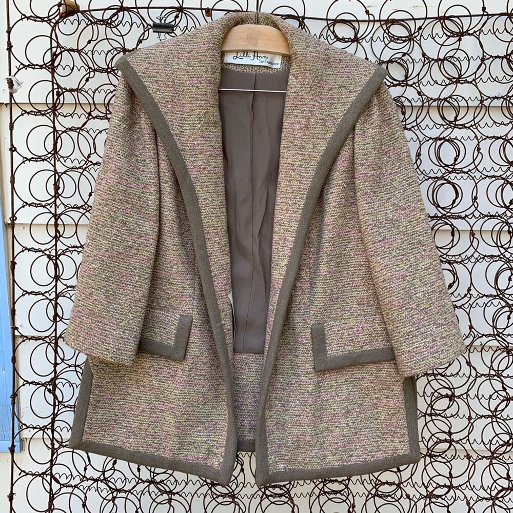 Vintage 60s Lilli Ann Paris open front tan wool blazer jacket L/XL? tan brown